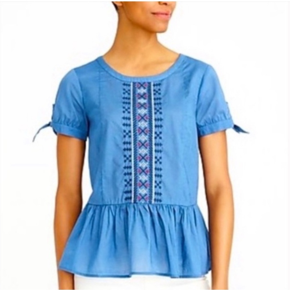 NWT! J.CREW Embroidered Tie-Sleeve Chambray Blue Peplum Top - Picture 8 of 8